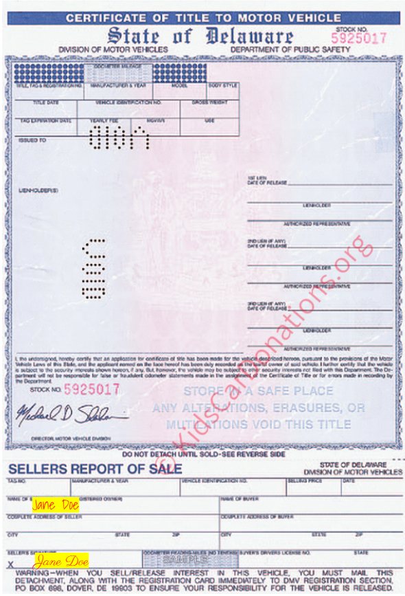 This is an Example of Delaware Certificate of Title To Motor Vehicle (2000) Front View | Kids Car Donations